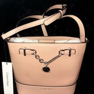 Calvin Klein Blush Pink Pebbled Leather Crossbody with Gold Chain Accent